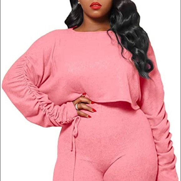 Pink Ribbed 2 Piece Set Ruched Sleeve Crop Top and Long Pants Workout Set - Picture 7 of 7